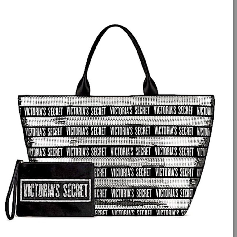 ✨ 🆕 ✨Victoria’s Secret VS Black & Silver Sequin Logo Tote Bag + Wristlet Set✨